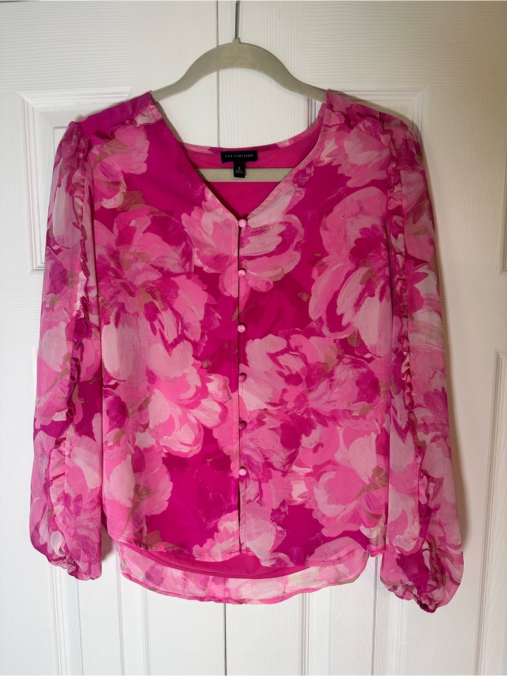 The Limited Hot Pink Floral Sheer Button-Front Blouse